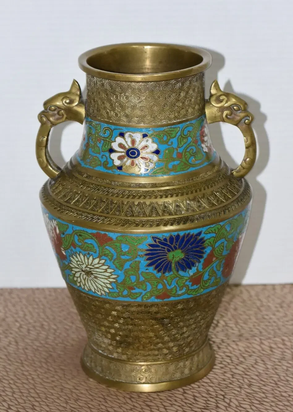 Japanese Brass Champlevé Cloisonné Urn-Form with Handles Converted Lamp Vase